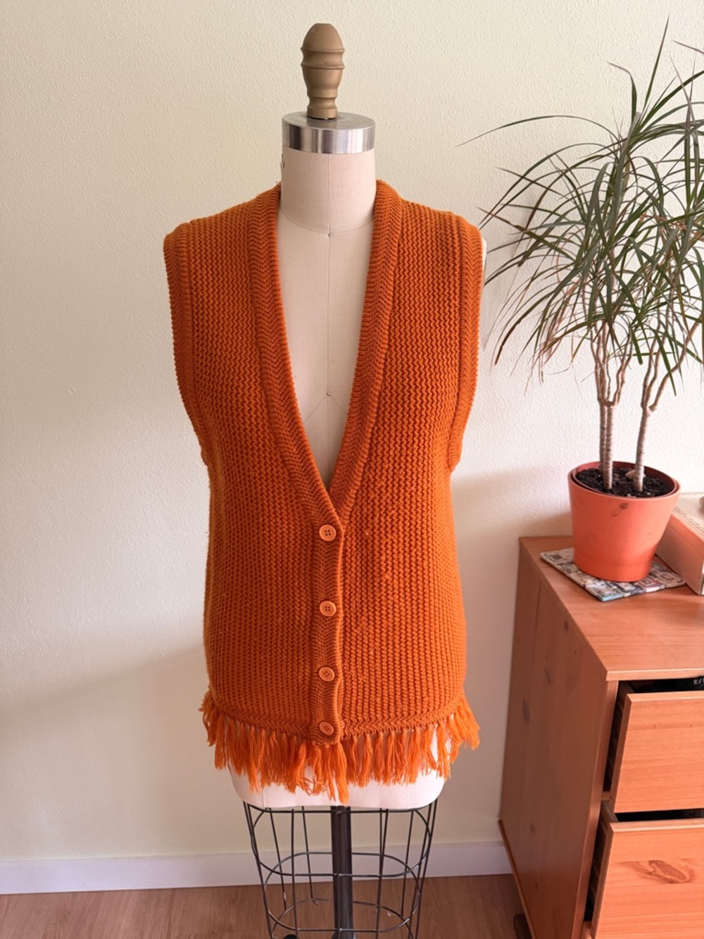 Vintage Orange Fringe Knit Button-Front Women's Sweater Vest